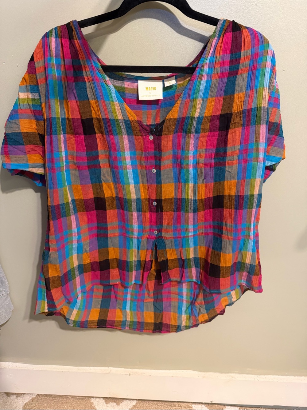 Anthropologie Multicolor Plaid Button-Front Top - small but oversized